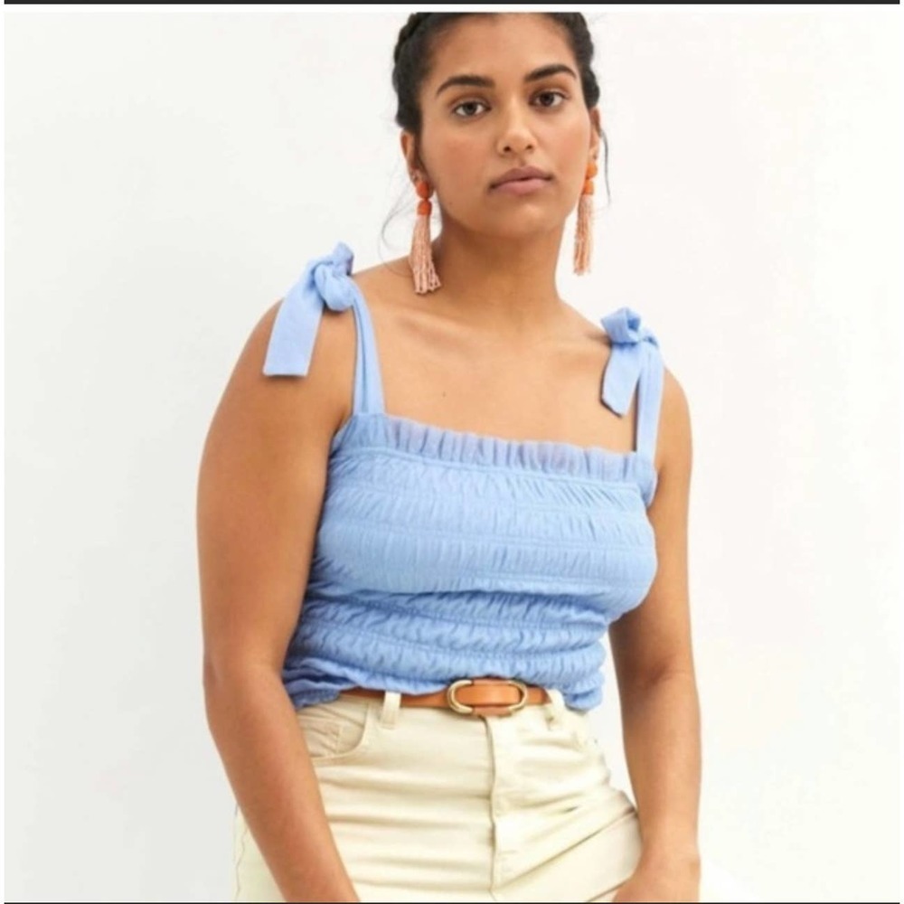 Anthropologie Smocked Blue Mesh Tie Strap Shoulder Tulle Top Womens Size: XL